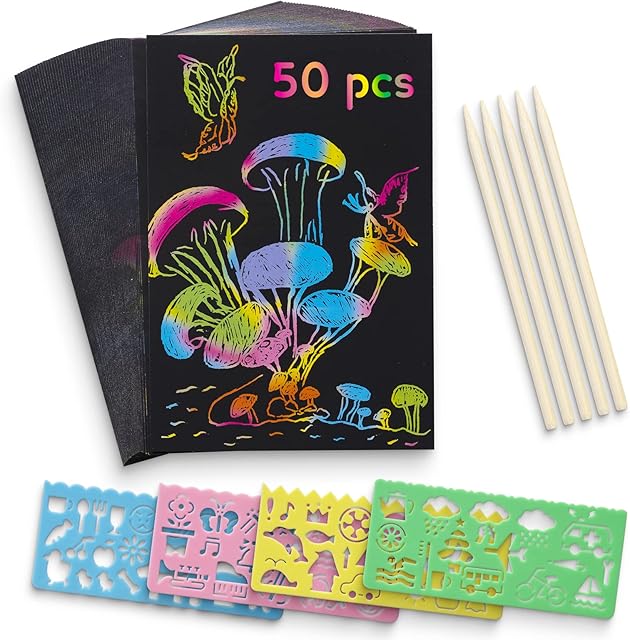 Scratch Art Paper For Kids, 50 Sheets Rainbow Scratch Notes Paper Arts Set Black Doodle Pads with 4 Stencils 5 Wooden Stylus for Party Game Christmas Birthday Gift (5'' x 7'')