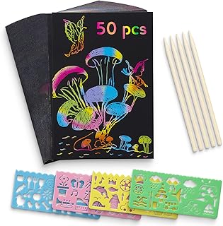 Scratch Art Paper For Kids, 50 Pcs Rainbow Scratch Notes Paper Arts Set Black Doodle Pads with 4 Stencils 5 Wooden Stylus for Party Game Easter Presents Birthday Gift Party bag filling (5.1'' x 7.4'')