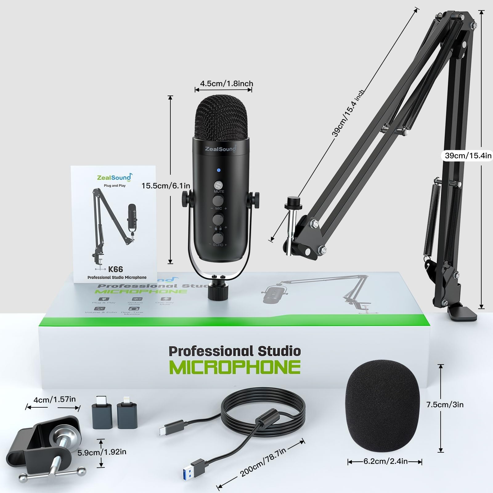 zealsound USB Podcast Mikrofon für PC Handy— mit Rauschunterdrückung, Mute-Taste, Echo für Vocal & Singen Stream, und 2 Adapters & Boom arm, für Gaming, YouTube, Kompatibel mit iPhone, Mac & PS5