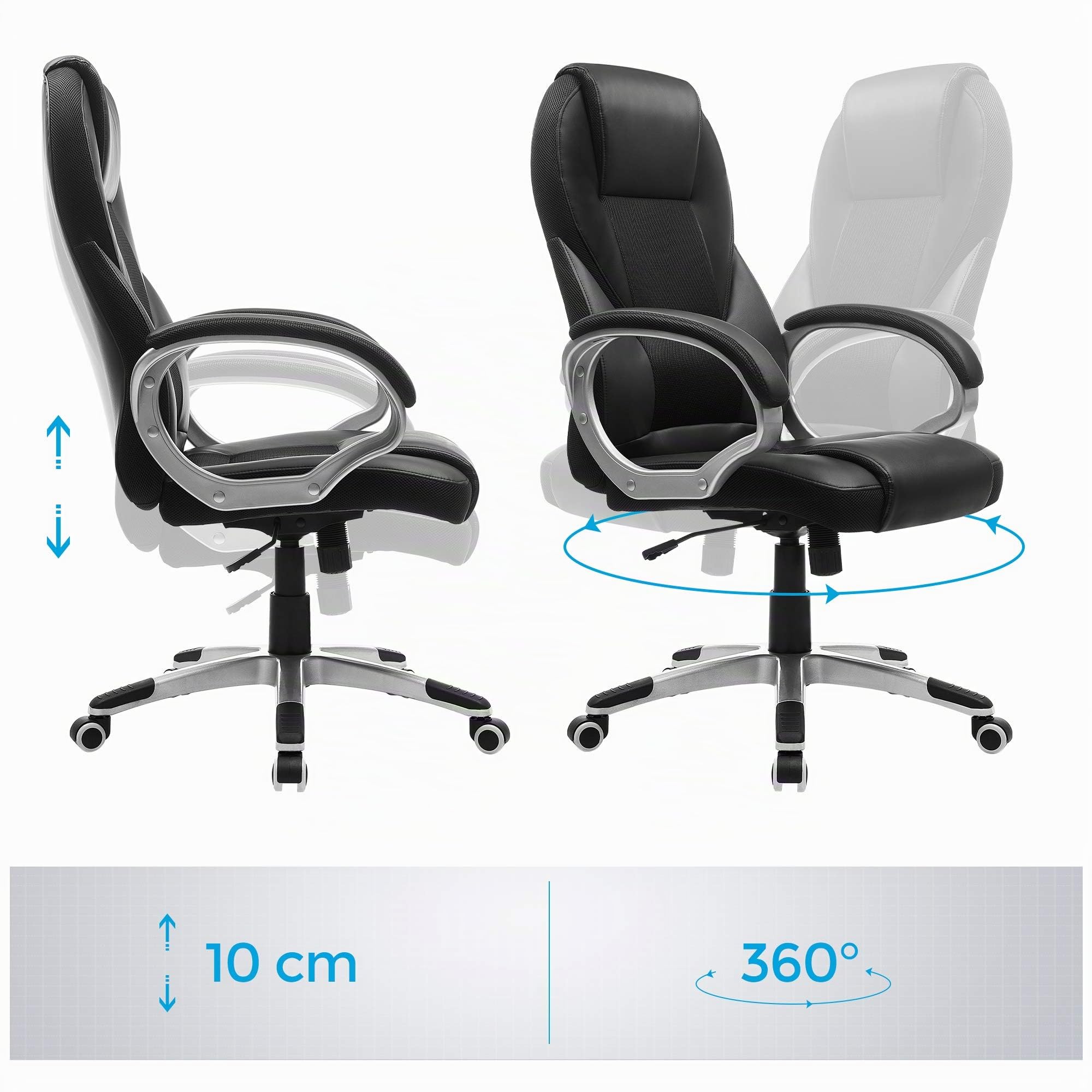 SONGMICS Fauteuil Gamer Ergonomique Pivotant Hauteur Réglable avec Roulettes Noir 73 x 70 x 122 cm
