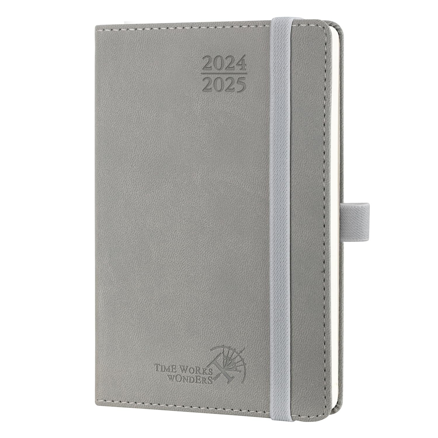 POPRUN Agenda 2024 2025 Pequeña de Bolsillo 16 x 10,5 cm, Planificador Semanal 17 Meses de Ago.2024 a Dic.2025, 1 Semana 2 Páginas, Porta Boligrafos Autoadhesivo, 80 GSM Papel, Gris