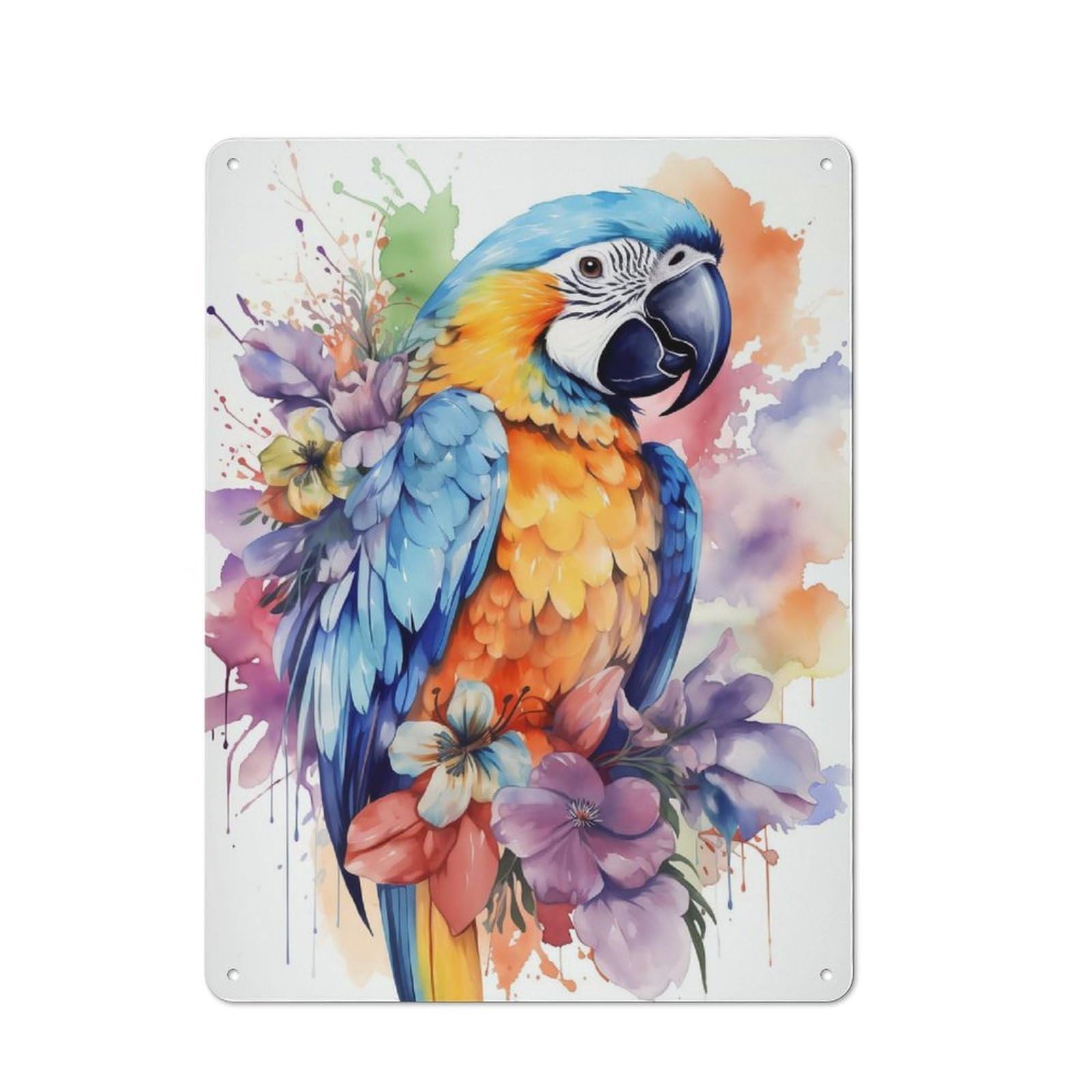 Parrot with Flowers Tin Wall Plaque 40x30cm, Rustic Farmhouse Wall Decor for Dining Room, Cafe, Entryway Or Family Room