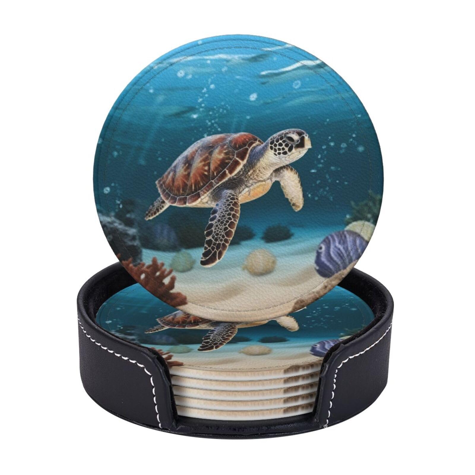 Drink Coasters 6 PCS Round Leather Coaster Sea turtle swimming Coasters for Drinks Non-Slip Mugs Pads with Holder Personalized Cups Pad Mat for Coffee Table Kitchen 10 CM