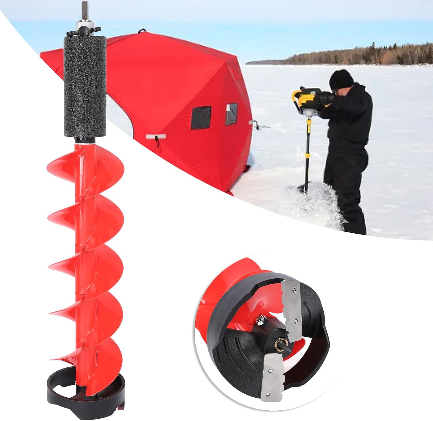 Heayzoki Electric Fishing Auger, 8 Inch Diameter Nylon Ice Auger, 28in Length Electric Ice Auger Drill Bit with Floating Device, for Ice Fishing, Deep Waters