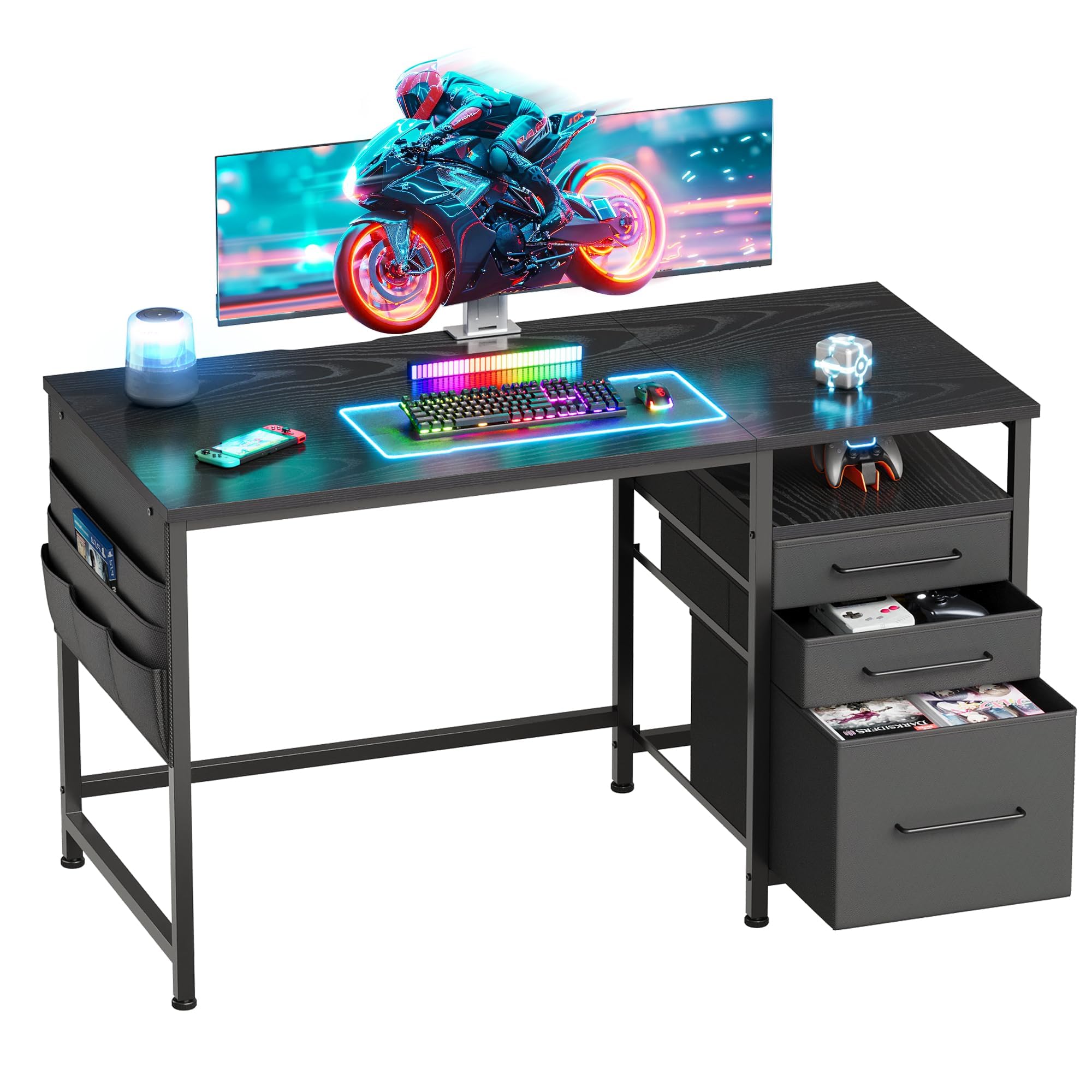 Maihail ゲーミングデスク ゲームデスク パソコンデスク 机 pcデスク 幅120cm×奥行45cm オフィスデスク 左右入替可 布製引き出し付き 収納 勉強机 学習机 黒