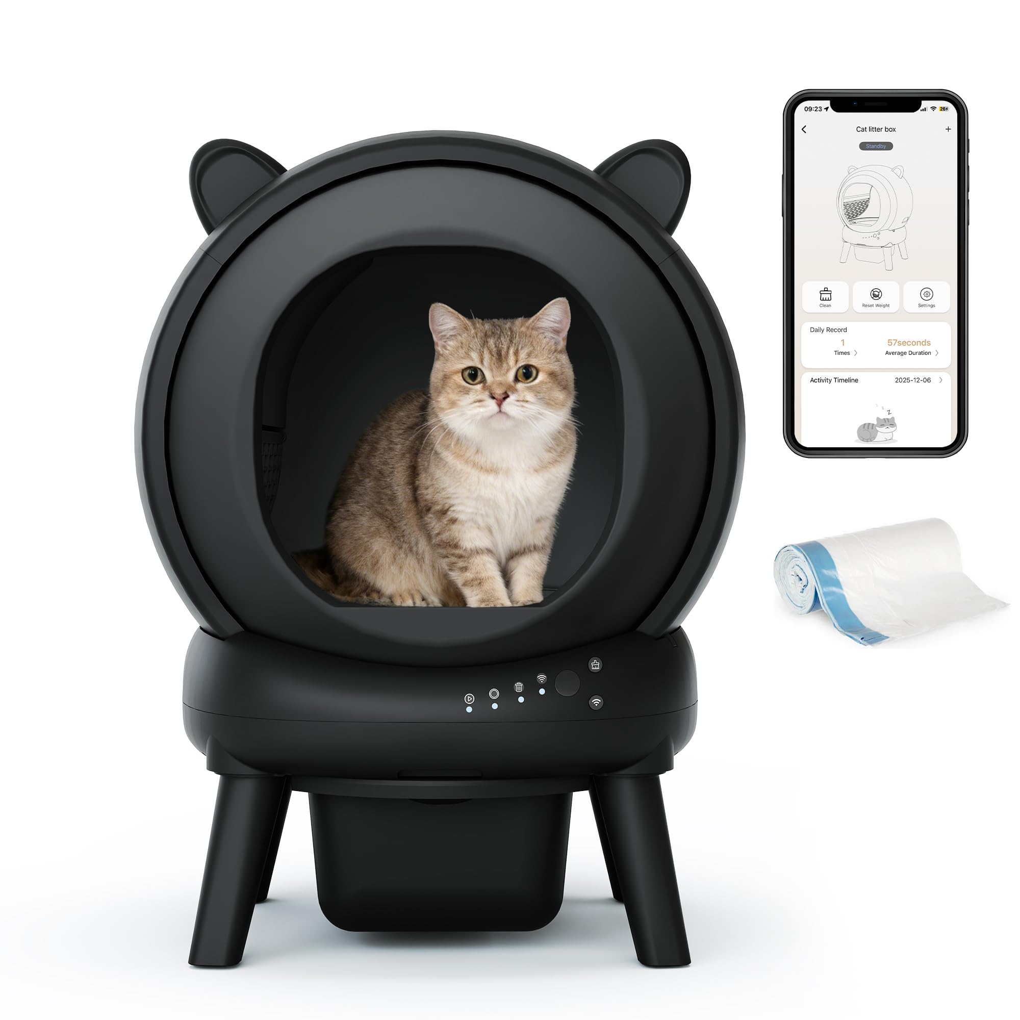 Automatic Cat Litter Box, Self Cleaning Litter Box Smart Robot for Multiple Cats, APP Real-Time Monitor, Odor & Noise Control, Safe Anti-Pinch, Trash Bag Included, Dark Grey