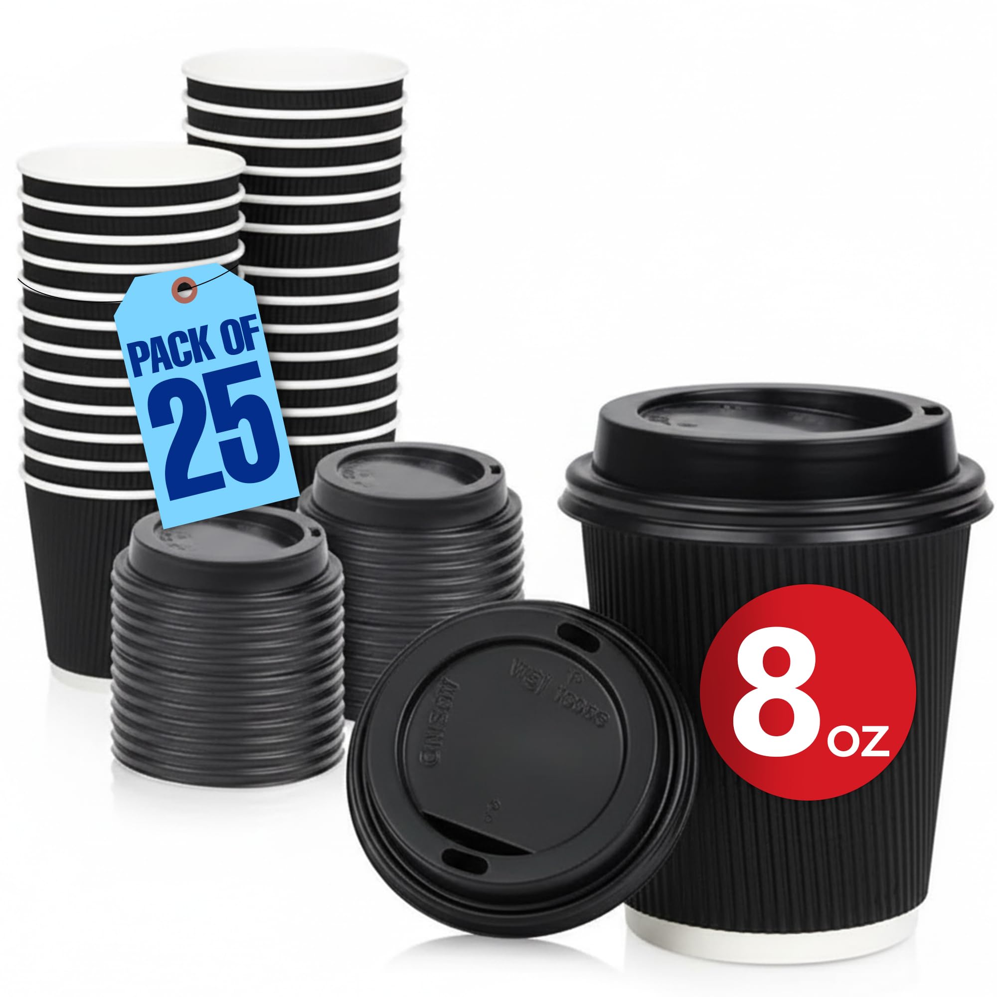 MARKQ [25 Sets] 8 oz. Black Disposable Coffee Cups with Lids - Triple Wall Ripple Paper Cups for Hot & Cold Drinks