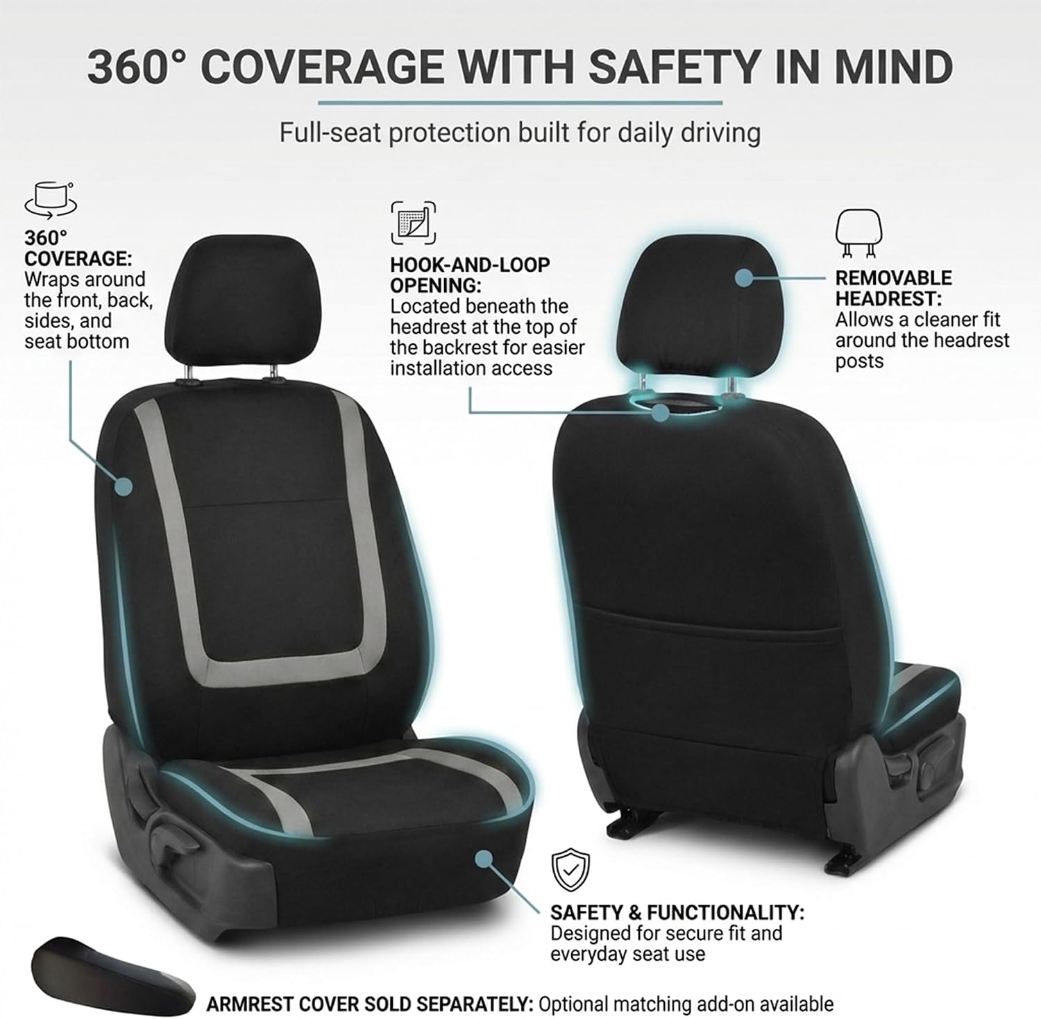 FH Group Car Seat Covers Unique Flat Cloth Full Set Automotive Seat Covers Front Set and Rear Solid Bench Gray Black Seat Covers w. Gift Universal Fit Interior Accessories for Cars Trucks and SUVs image 4