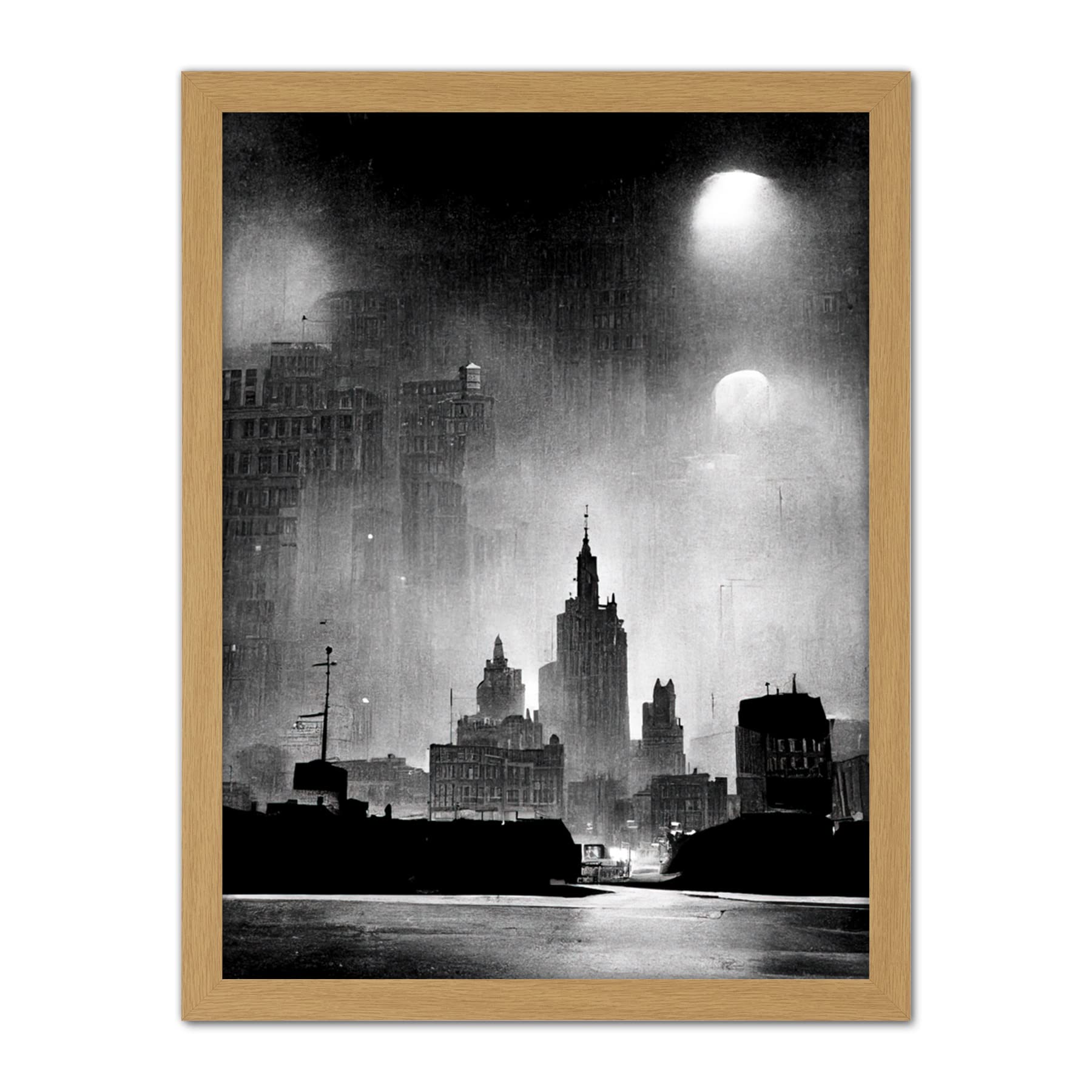 Doppelganger33 LTD 1950s Black And White New York Rainy Mist Cityscape Artwork Framed Wall Art Print 18X24 Inch