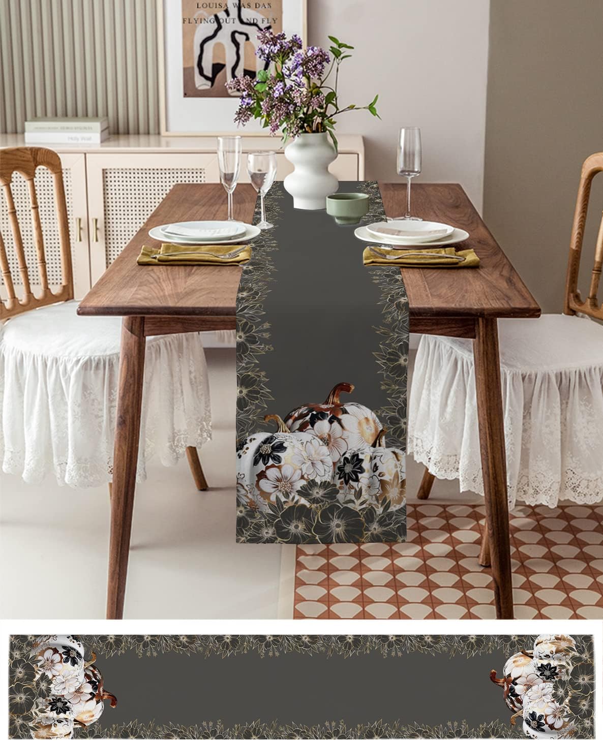 Dining Table Runner Dresser Scarves, Fall Thanksgiving Printed Pumpkin Gray Table Runners 18x72 inches Long,Non-Slip Washable Coffee Table Runners for Wedding Holiday Party Table Decoration