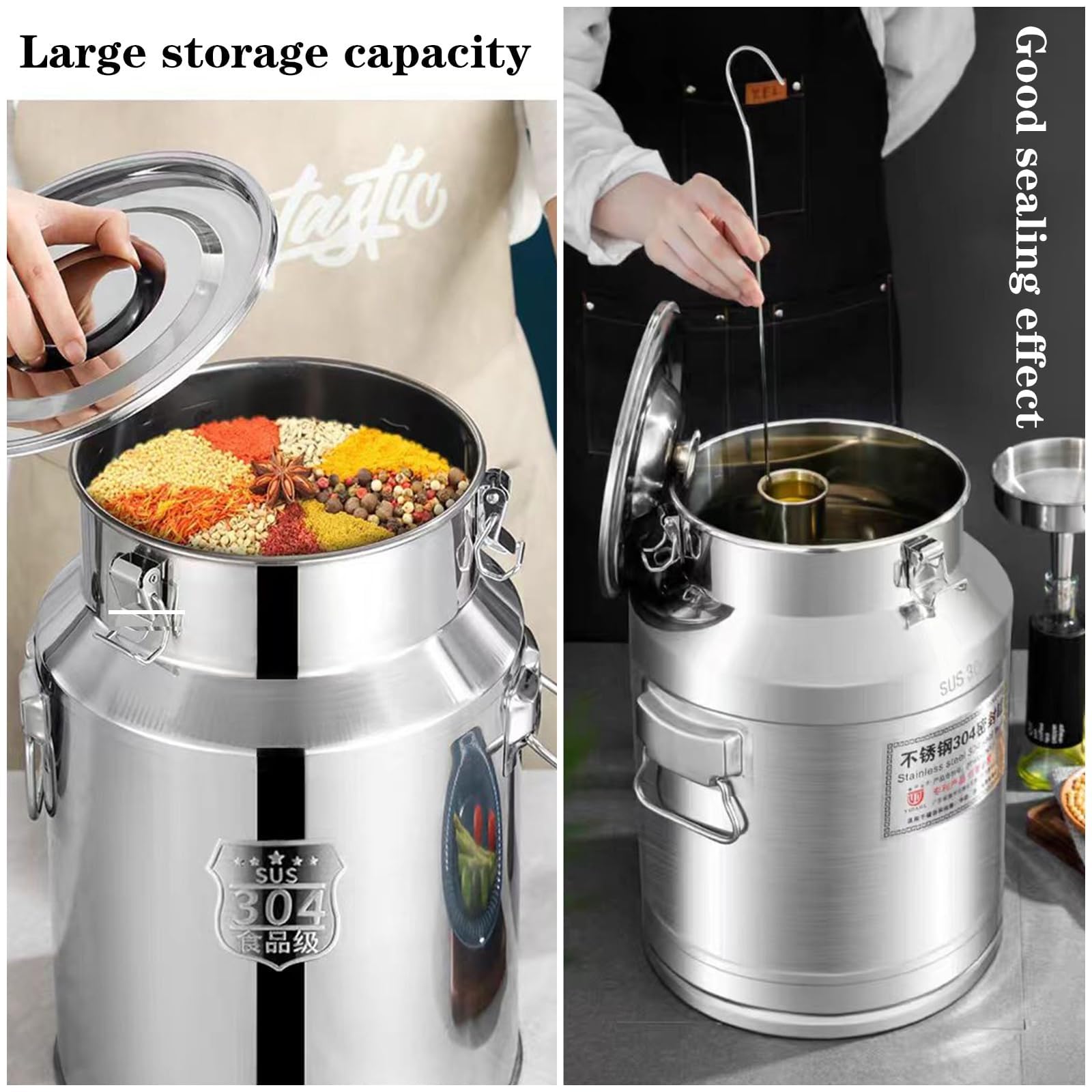 Lechera de acero inoxidable, cubo de vino, contenedor de almacenamiento de líquidos con asa y tapa sellada para café, granos, arroz, a prueba de derrames, 14 L