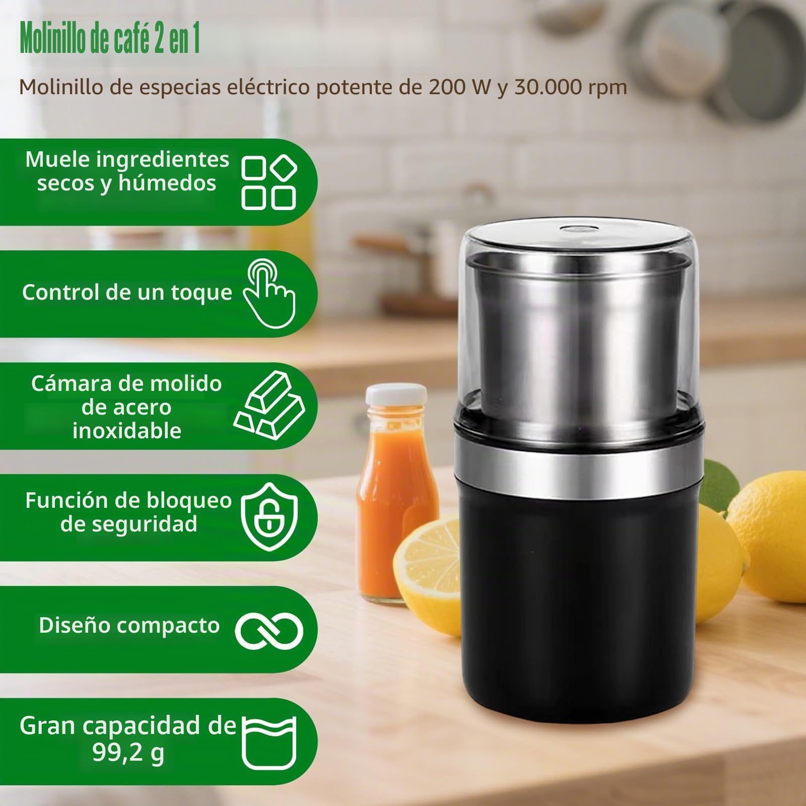Molinillo eléctrico de 200 W para café y especias con 2 recipientes de acero inoxidable para molienda húmeda y seca, molino de hierbas y nueces