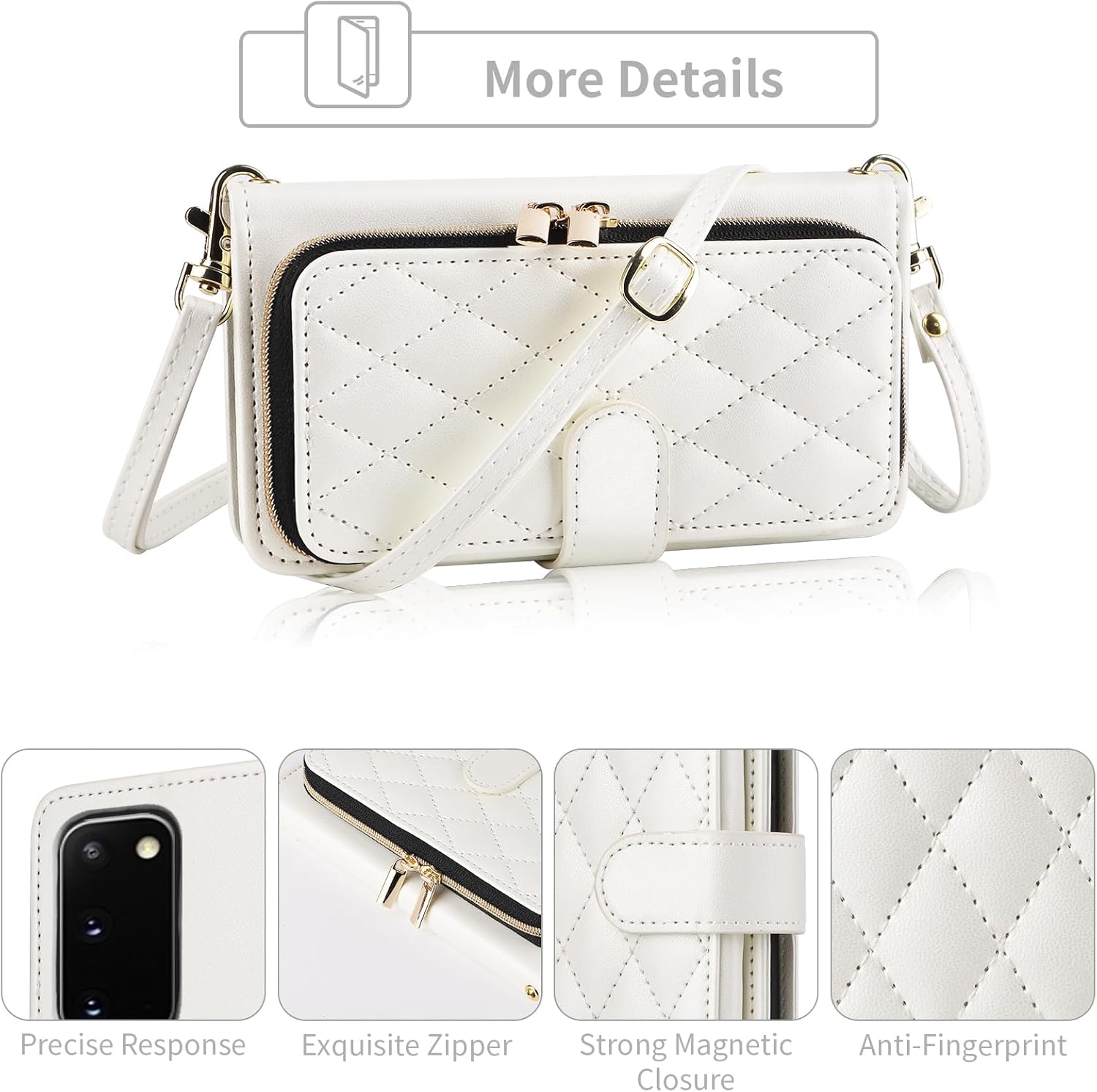 Wallet Case for Samsung Galaxy S20 5G 6.2 inch with Wrist Strap, Crossbody Shoulder Strap, Luxury PU Leather Stand Cell Phone Cover with 9+ Card Slots for S 20 20S UW S2O G5 Women White