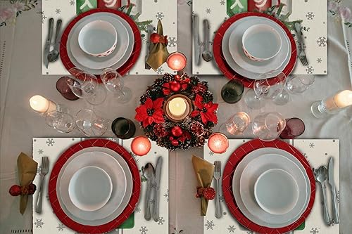 Miniatura 6 de Juego de 4 manteles individuales de Navidad blancos de 12 x 18 pulgadas, diseño de copos de nieve de Feliz Navidad, color beige, para el hogar,