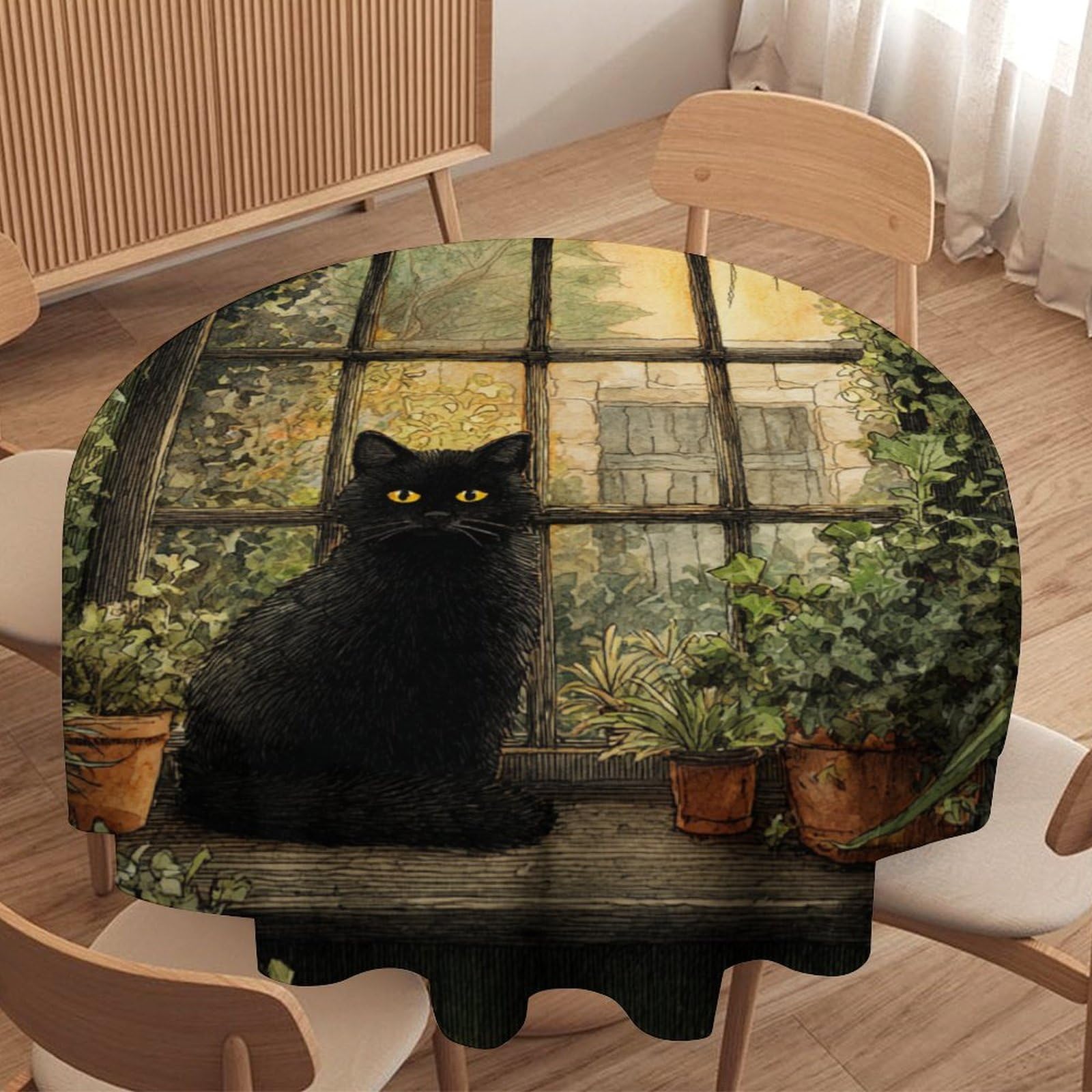 LUYYSKY Rustic Watercolor Black Cat Round Tablecloth Colorful Classic Botanical Cottage Animal Kitten Floral Washable Decor for Table Cover for Kitchen-91.4" Wx91.4 L cm