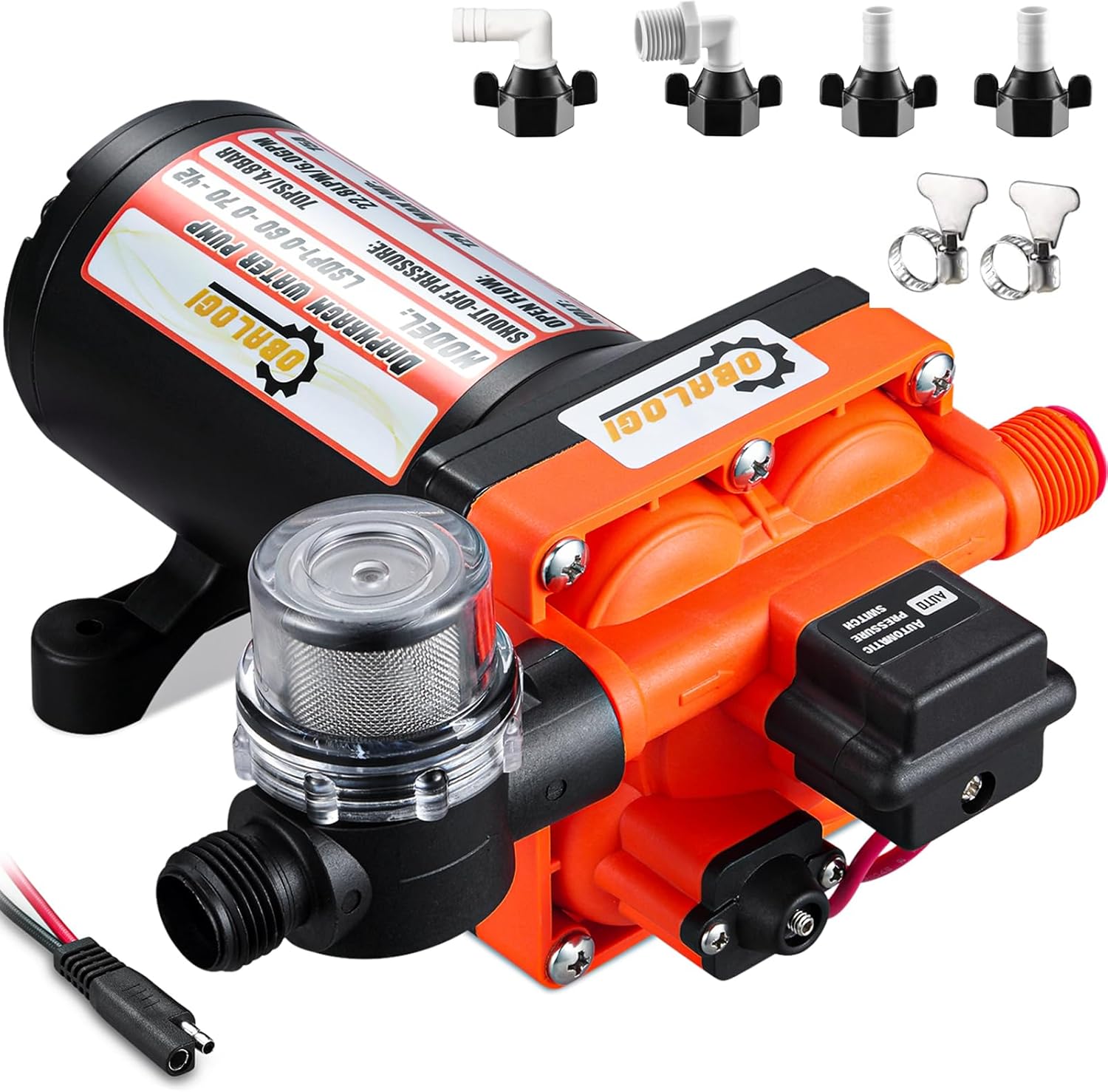 RV Fresh Water Pump 110V AC 6.0GPM 70PSI with Automatic Pressure Switch, Self Priming Diaphragm Pump for RV Marine Yacht Agricultural Irrigation, 3/4 Inch Garden Hose Adapters Included