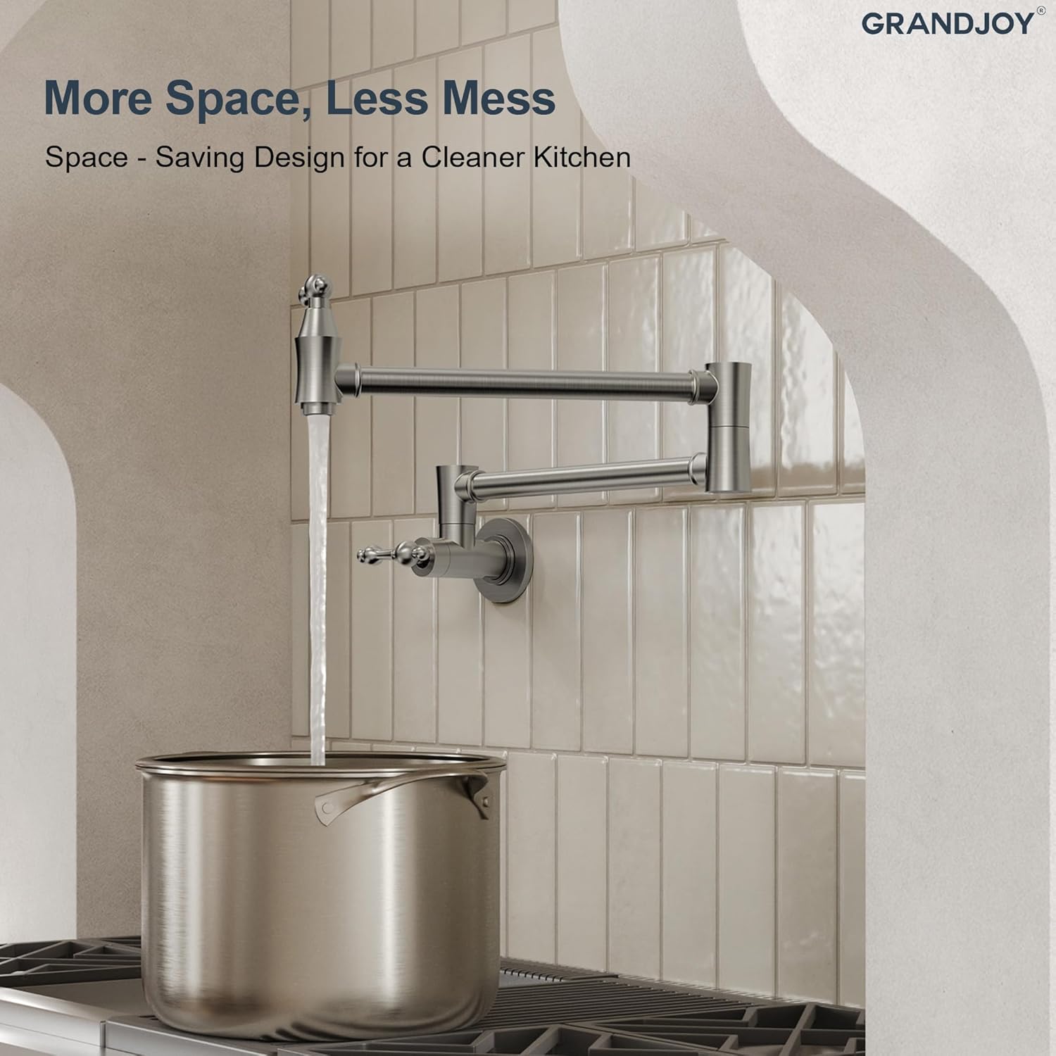 Brushed Nickel Wall Mount Pot Filler Faucet, 8.4-Inch Max Reach Dual Handle Kitchen Faucet, Solid Brass High Flow Cold Water Faucet for Stove, Foldable Design