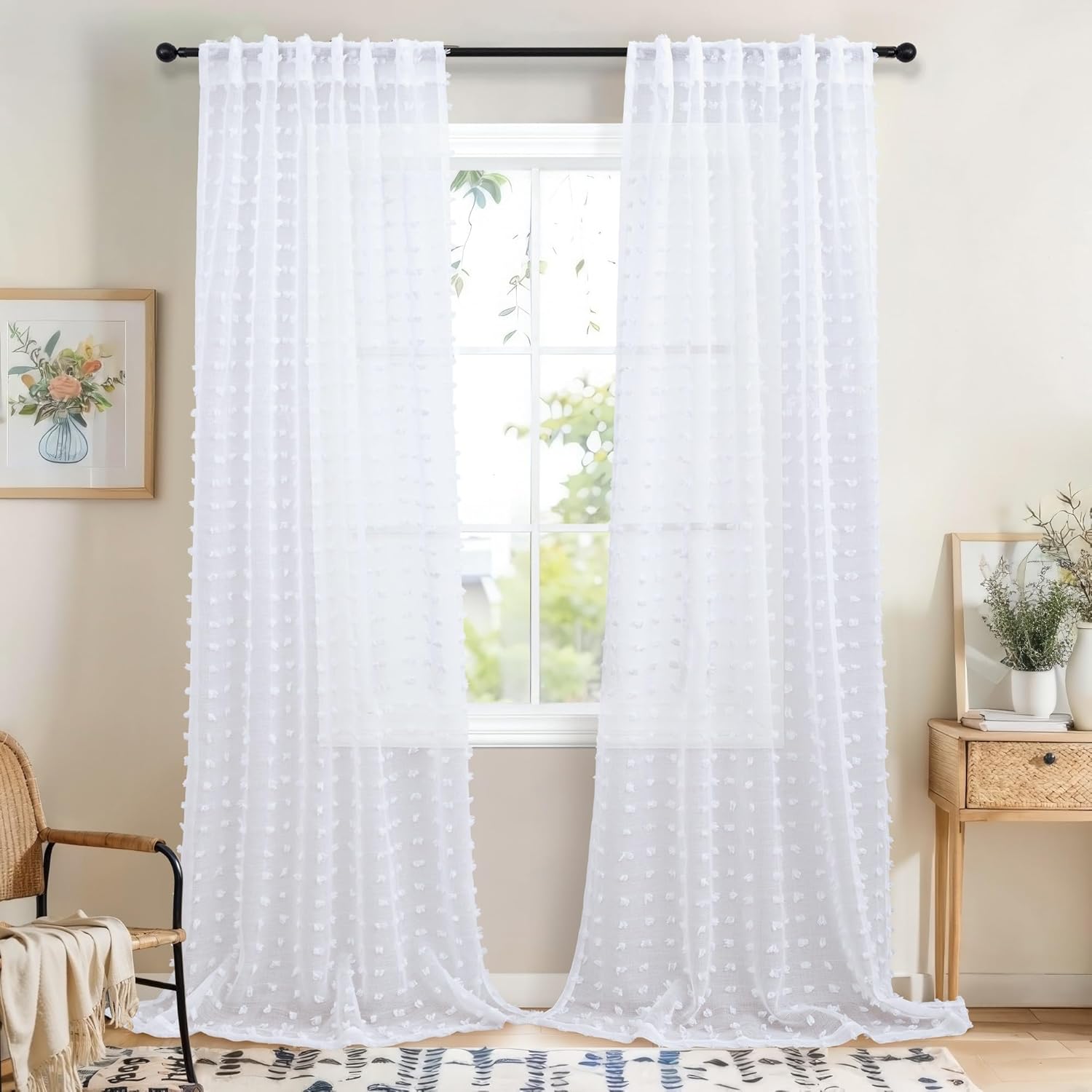 White Pom Pom Sheer Curtains 96 Inch Length 2 Panels Long for Living Dining Room White Cute Pattern Textured Drapes for Bedroom Boho Farmhouse Vintage Country Rustic Curtain 52x96 Inches Long 8FT