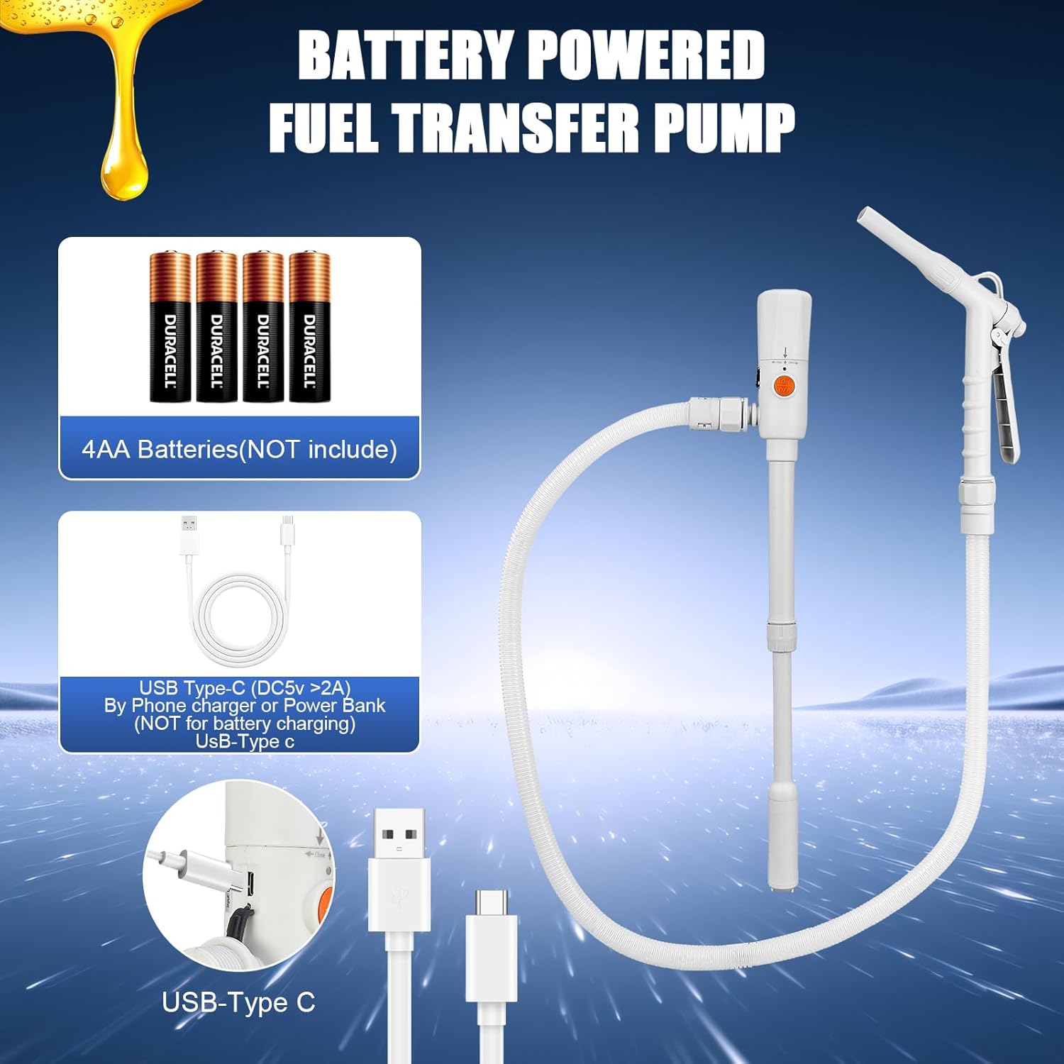 Portable Battery Powered Gas Transfer Pump, 2.8GPM Fuel Transfer Pump with Hand Nozzle for Quick Stop Flow Control USB or Battery Powered Automatic Transfer Pump for Gas, Fuel, Diesel, Water Transfer