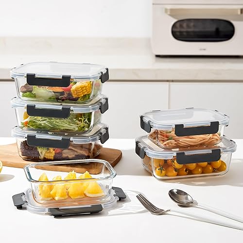 Miniatura 6 de 24 recipientes de vidrio para preparación de comidas, recipientes de vidrio para almacenamiento de alimentos con tapas, reutilizables, herméticos, a