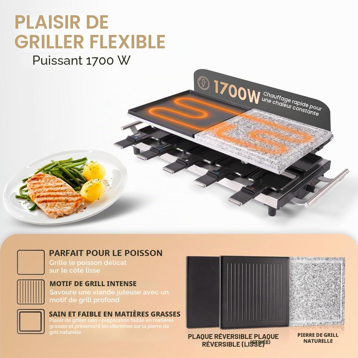 ProfiCook® 2 en 1 Raclette-Grill | 10 personnes | Plaque en pierre et plaque de grill | Revêtement antiadhésif | Thermostat réglable en continu | 1700 watts | Acier inoxydable | PC-RG 1144