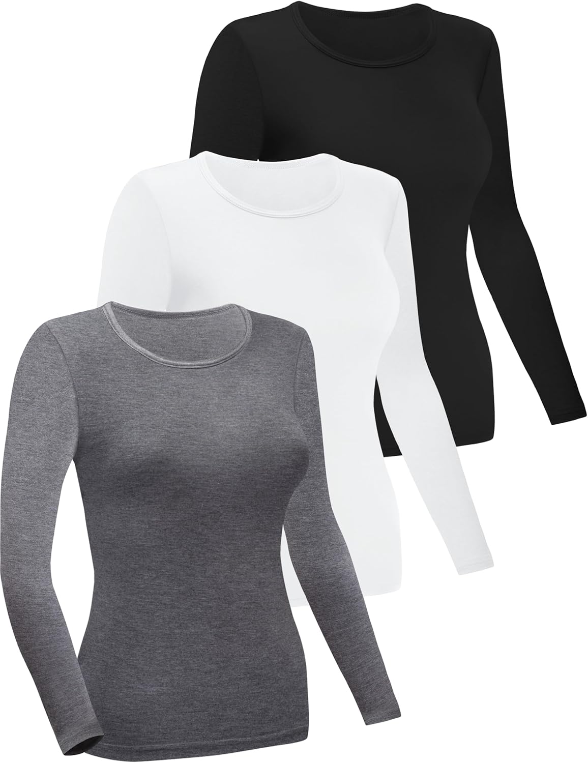 FEQO 3 Pack Women's Crewneck Long Sleeve Shirts Slim Fit Underscrubs Basic Comfort Long Sleeve Tops