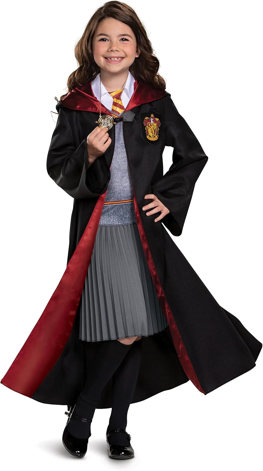 Hermione Costume Combo, Official Wizarding World Deluxe Hooded Robe and Wand for Kids, Size Large (10-12)