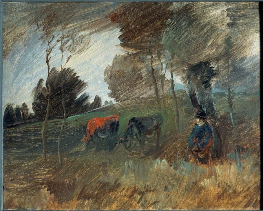 Toile paysage de pâturage avec vache rouge Wilhelm Busch 60x90cm