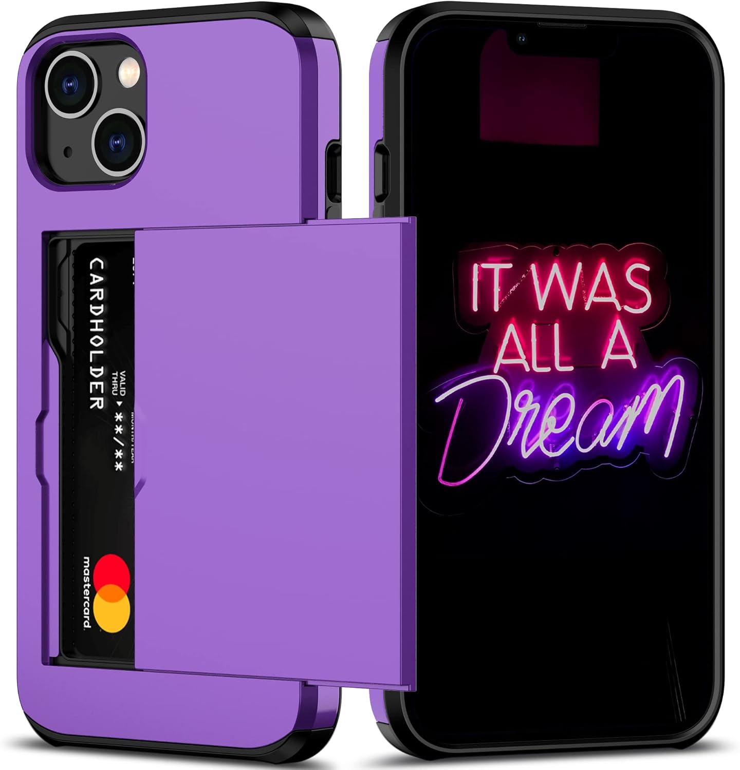Nvollnoe for iPhone 13 Case with Card Holder Heavy Duty Protective Dual Layer Shockproof Hidden Card Slot Slim Wallet Case for iPhone 13 for Women&Men(Purple)