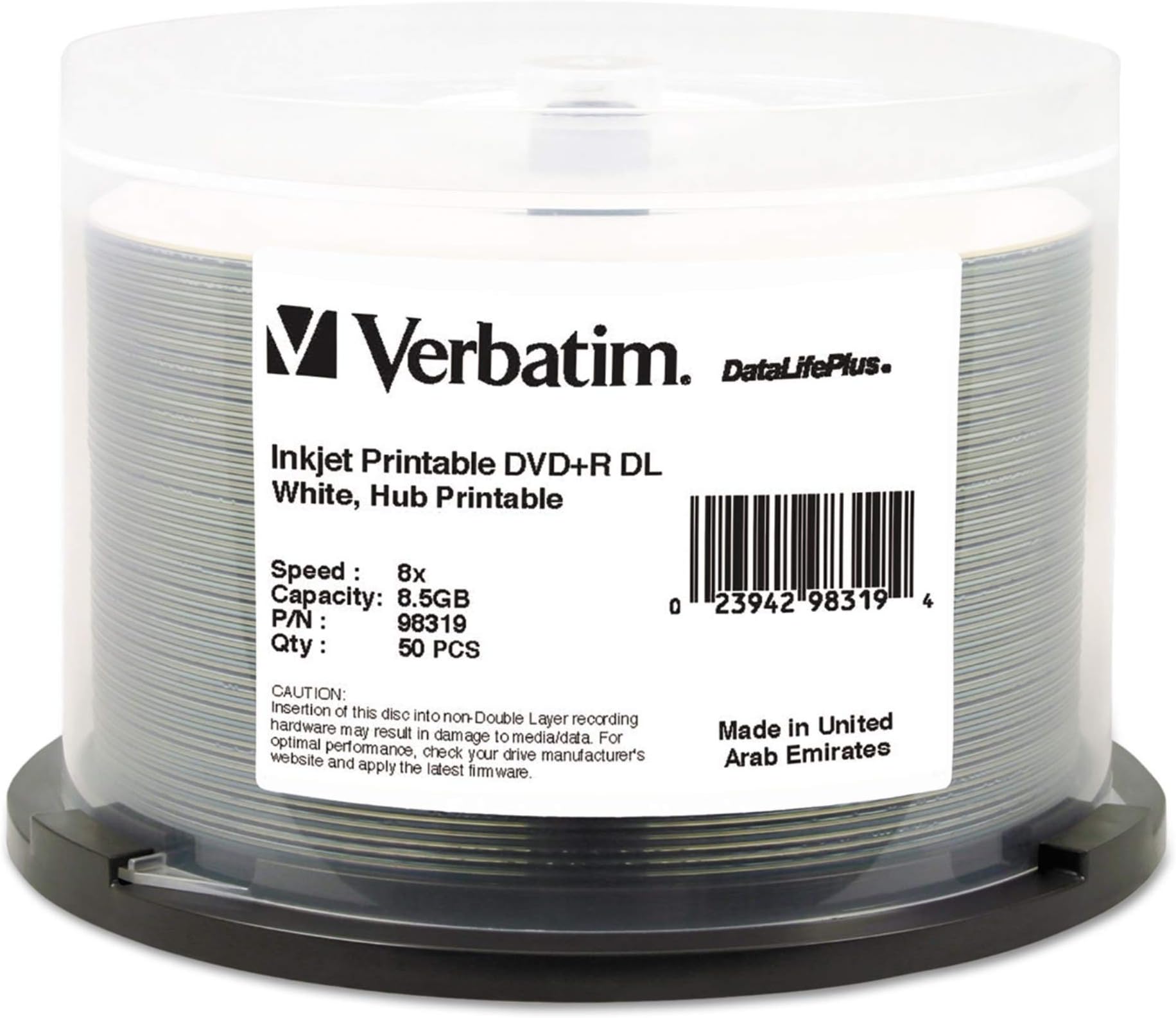 Verbatim DVD+r Dual Layer Printable Recordable Disc, 8.5 Gb, 8X, Spindle, White, 50/Pack