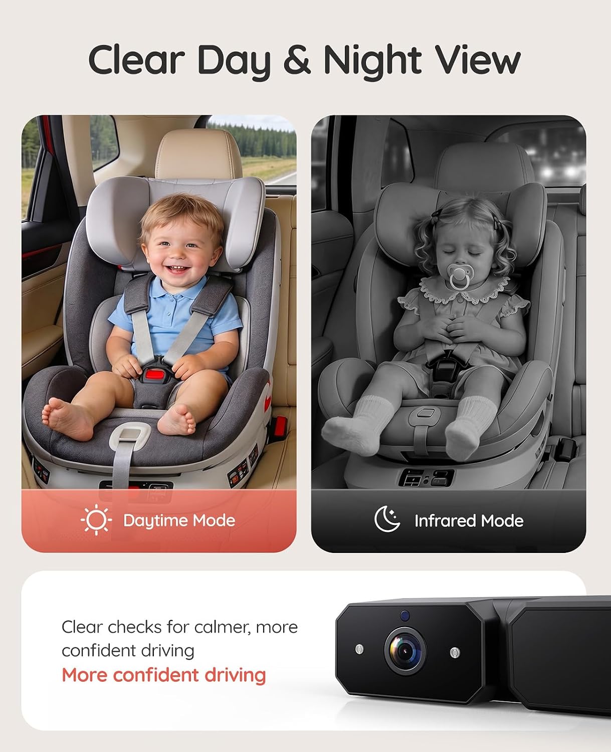 Babyvue BV6 Wireless Baby Car Camera Fast Setup, No Wiring Car Baby Monitor | HD1080P, Auto IR Night Vision, 5.2" Display, 3X Zoom, for Kids Rear Seat Safety