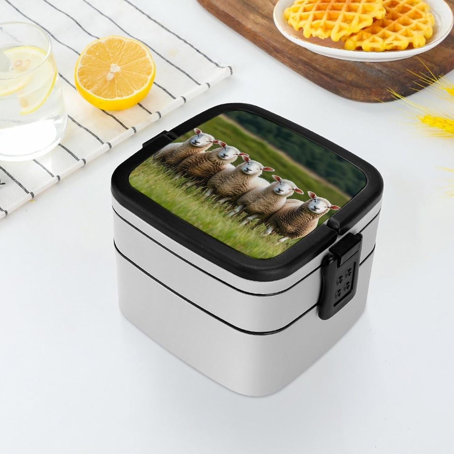 Flock of Sheep Bento Box with Spoon 2 Layer Food Container Cute Lunch Box for Travel Dining Work