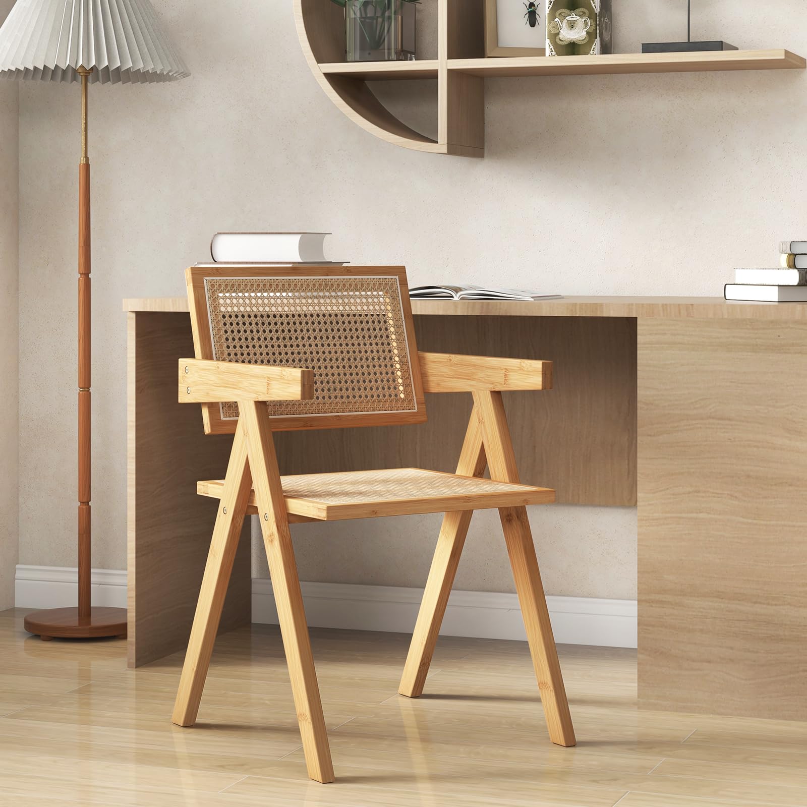 COSTWAY Juego de 2/4 Sillas de Comedor, Silla de Salón Moderna con Marco de Bambú, Respaldo y Apoyabrazos de Imitación Caña, Sillones de Ratán para Cocina, Comedor, Natural (2 Piezas)