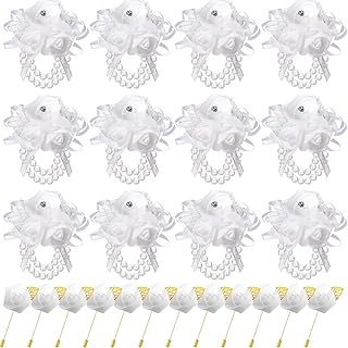 Tigeen 24 Pcs Wrist Corsage and Men's Boutonniere Set for Wedding Wristlet Corsage Hand Flower for Mother of Bride, Bridal, Bridesmaid Suit Decorations (White)