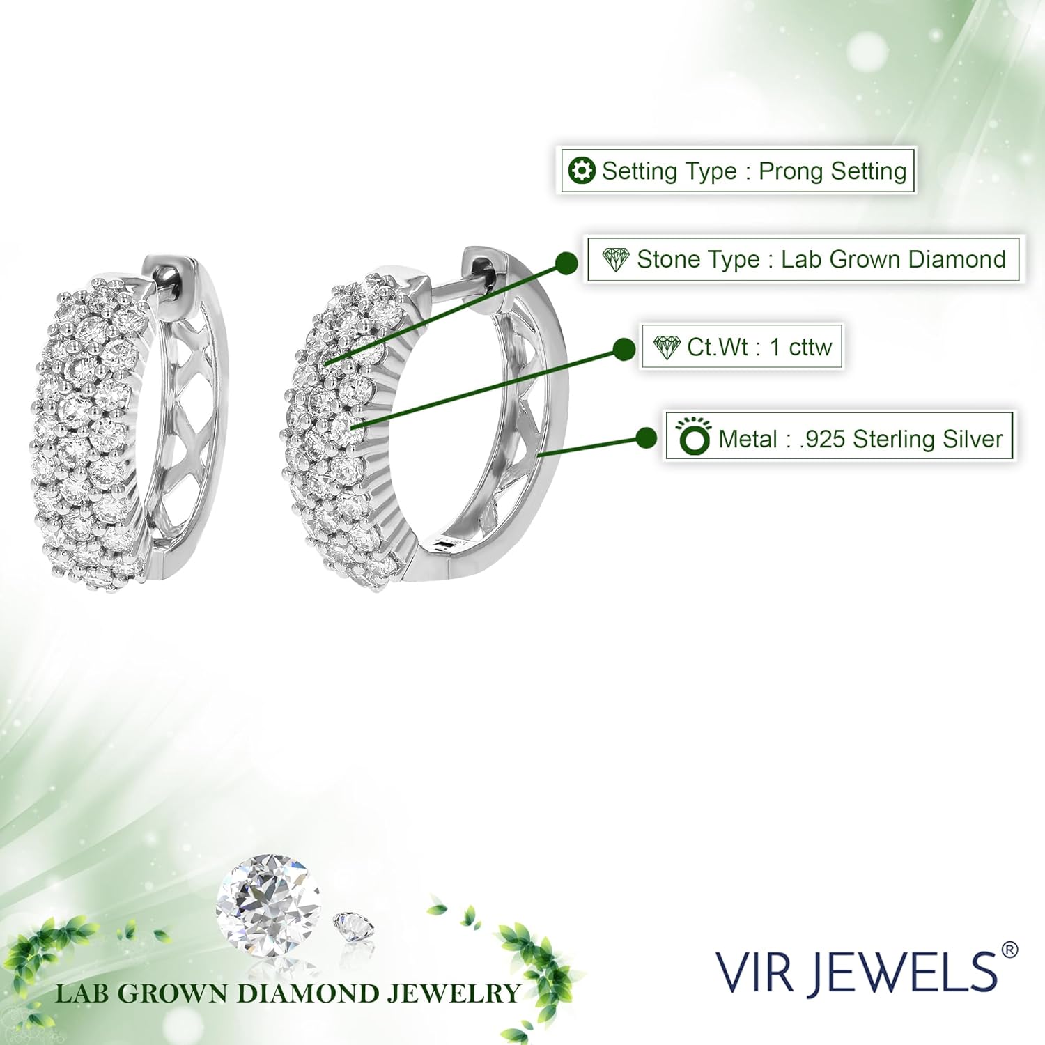 Vir Jewels 1 cttw Lab Grown Diamond Hoops Earrings in Sterling Silver With Hidden Post