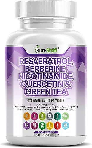 Complejo de resveratrol y berberina con quercetina, semilla de uva, té verde, vitamina C y ribósido de nicotinamida - NAD+ y polifenol antioxidante,