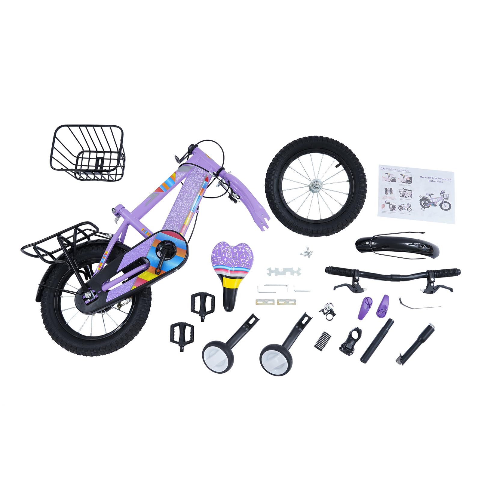 Vélo pour enfant de 14 pouces avec siège arrière, vélo pour enfants avec panier et roues stabilisatrices, vélo pour enfants à partir de 3 ans, garçons et filles, hauteur réglable