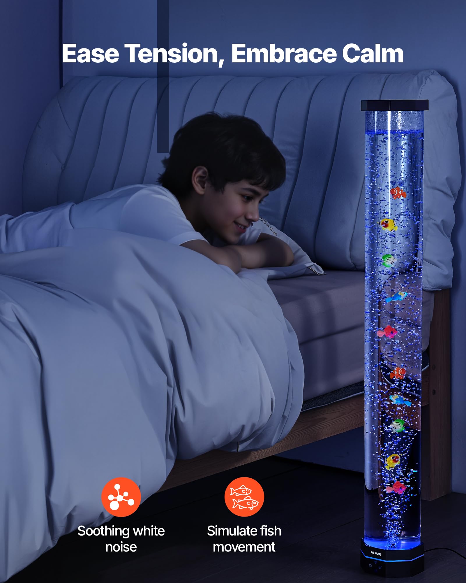 VEVOR Lampe à Bulles avec 10 Poissons Flottants, 1 m, 16 Effets de Lumières Changeantes de Couleur, Télécommande, Lumière Apaisante, Lampe Ambiance pour Chambre à Coucher, Salon, Décoration Intérieure