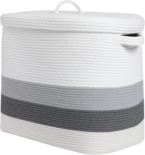 Cesta de almacenamiento rectangular extragrande de 22 x 14 x 18 pulgadas con tapa, cesta de almacenamiento grande de cuerda de algodón, cesta de