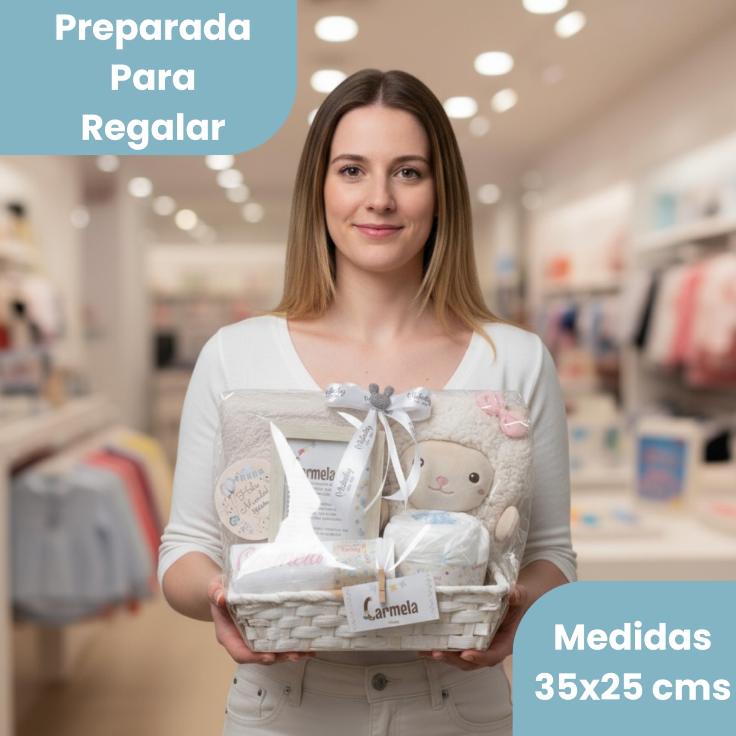 Canastilla Bebé Recién Nacido Happy Ovejita Peluche Pañales | Cesta con manta suave, peluche ovejita, muselina bordada con el nombre, marco del significado y pastel de pañales
