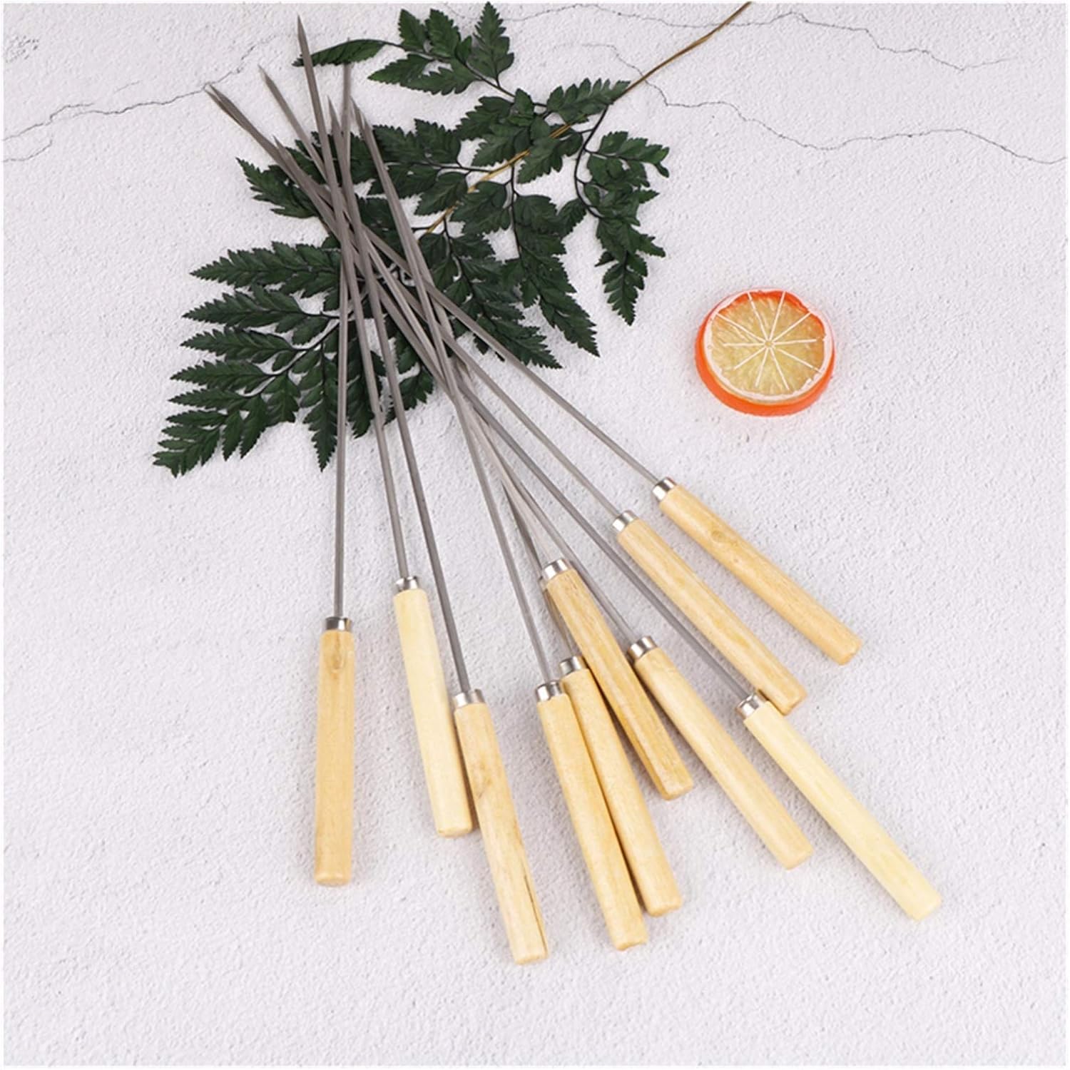 Skewers 10PCS Barbecue Needle Barbecue Skewers Hot Handle, With Handle Wooden Stainless Steel Flat Round (Color : 10pcs)