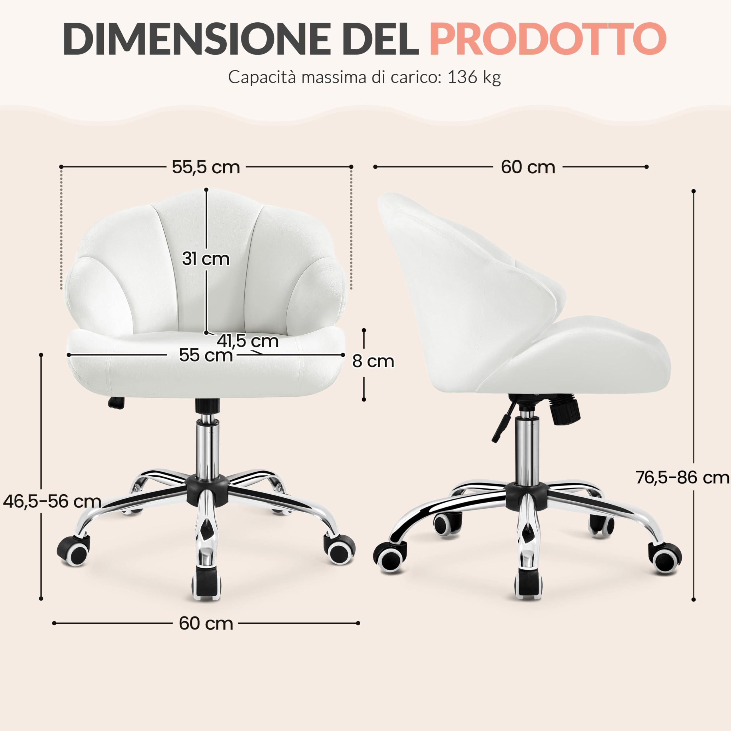 Yaheetech Sedia Ufficio Scrivania Cameretta Bianca Senza Braccioli Ergonomica in Velluto con Ruote Girevole Altezza Regolabile Schienale Design Conchiglia Imbottito Portata 136 KG