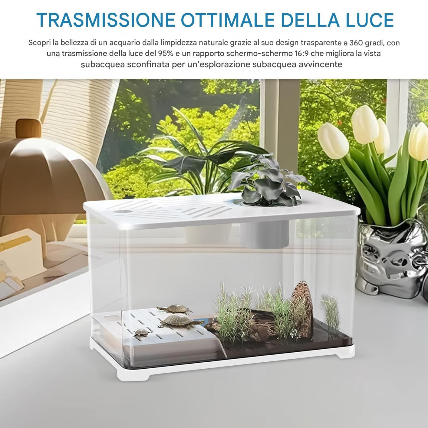Acquario Grande Kit per Acquario da Scrivania | Contenitore Moderno con Area di Riposo per Tartarughe, Decorazioni per Casa per Betta, Gamberetti e Piante Acquatiche, da