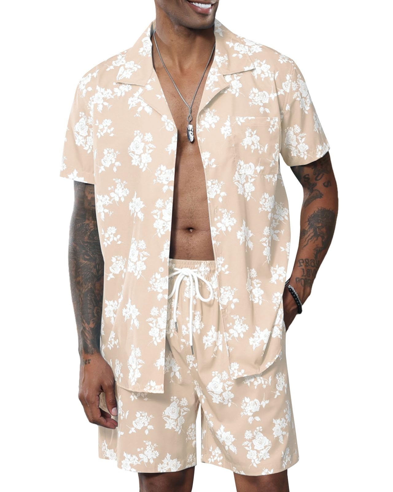 Fastkoala Hombre Hawaianos Chándales Set Conjuntos Trajes de Verano Chándal Flores Estampado Playa Tropicales