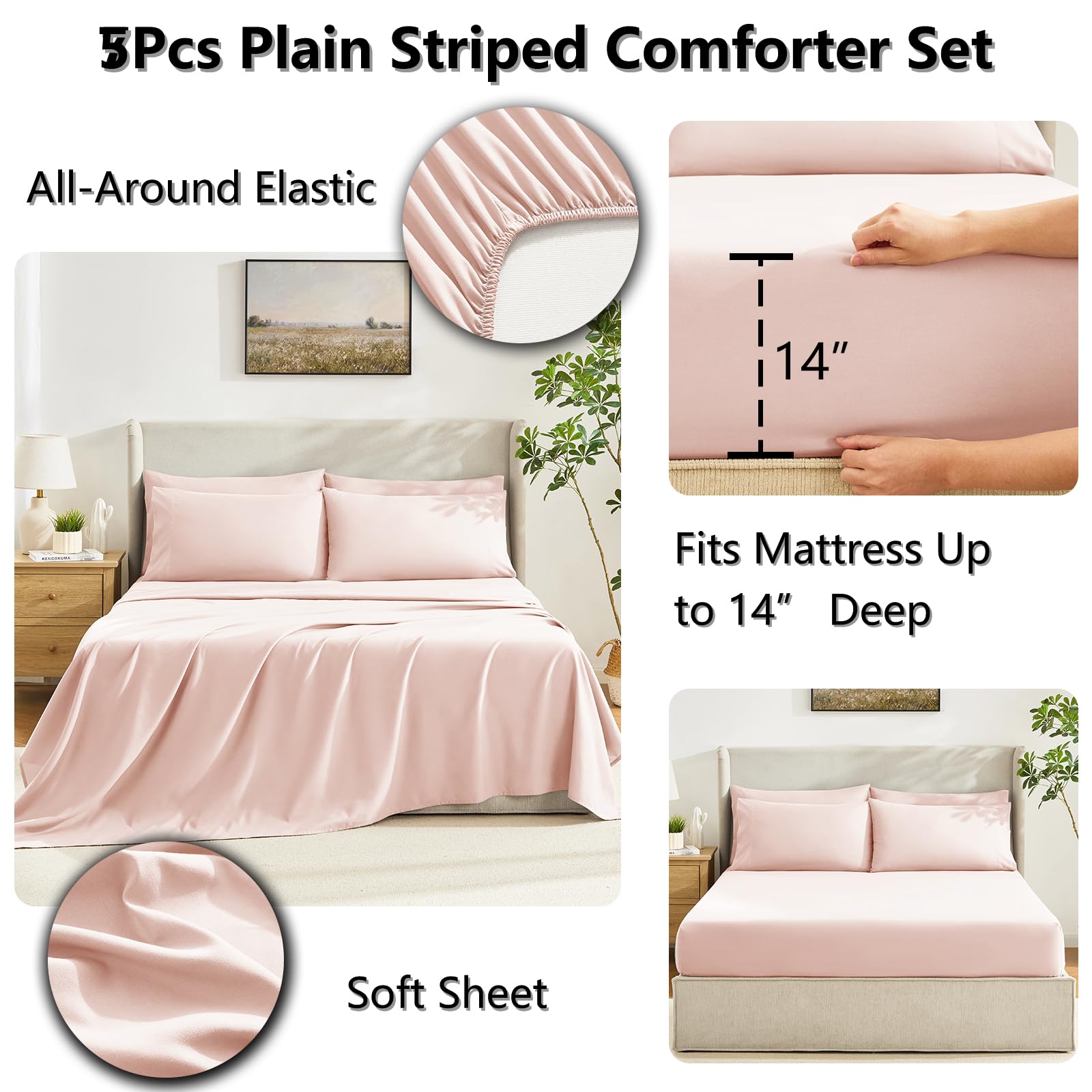 CozyLux Queen Comforter Set Black, 7 Pieces Bed in a Bag, Black Comforter Queen Size, All Season Bedding Sets with Stitch Quilted Comforter, Flat Sheet, Fitted Sheet, Pillowcases: Blush Pink Twin XL