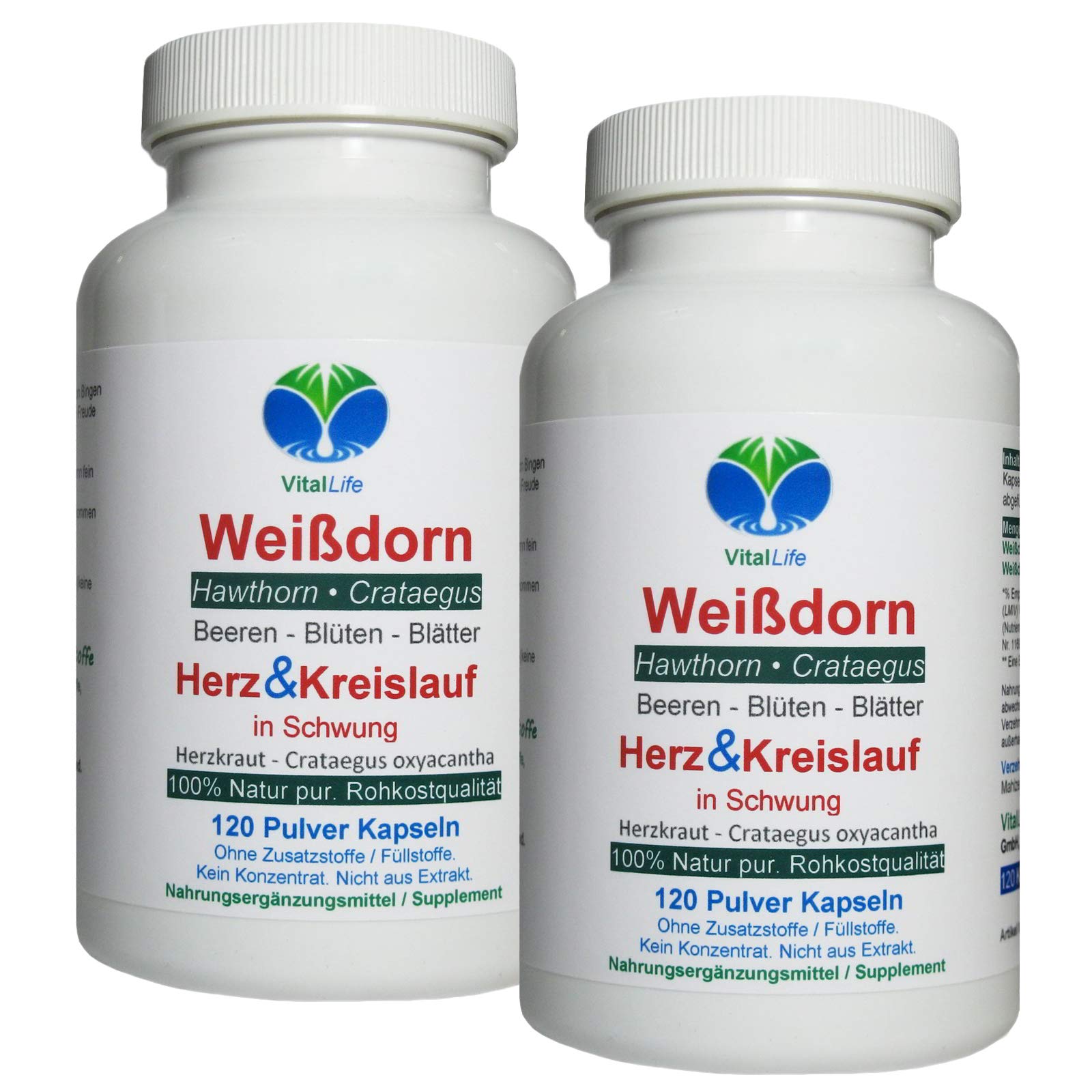 WEISSDORN Weißdorn HERZ-KREISLAUF 240 Kapseln 2x120 "HERZKRAUT" NATUR pur Weißdornbeeren & Weißdornblätter & Weißdornblüten. OHNE ZUSATZSTOFFE. 27100-2