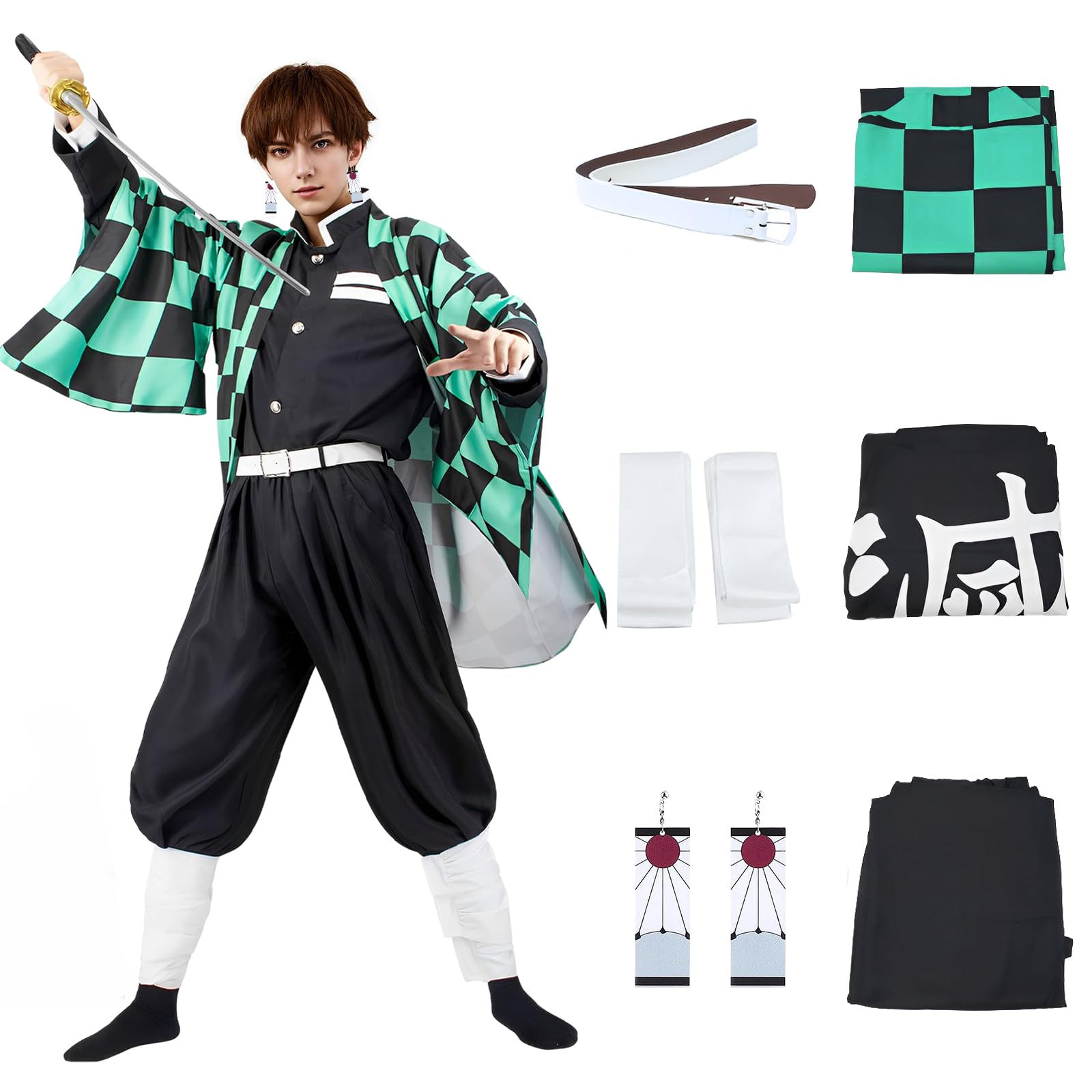 yumcute Tanjiro Cosplay Costume Outfit with Accessories, Anime Cosplay Kimono for Boys Men, Halloween Carnival Party Costume
