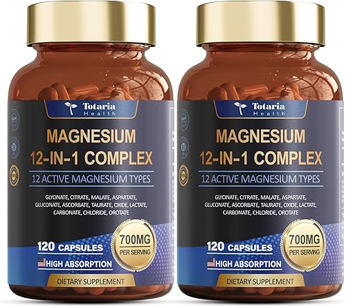 Complejo de magnesio 700 mg Suplemento de magnesio 12 en 1 con citrato de glicinato, óxido de malato, taurato, aspartato, orotato, relajación de