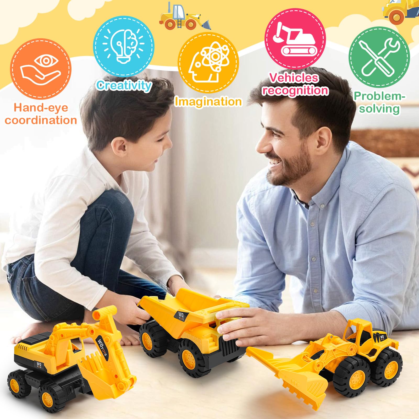 Camions de Chantier Jouets pour Enfants – Set 3 Véhicules BTP : Pelleteuse, Camion-Benne et Bulldozer – Jouet de Construction pour Garçon et Fille dès 3 4 5 6 Ans – Cadeau Anniversaire