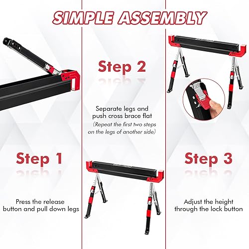Miniatura 6 de Safstar Saw Horses - Paquete de 2 varillas plegables de acero resistente con altura ajustable de 9 niveles brazos de soporte de 2 x 4 de capacidad